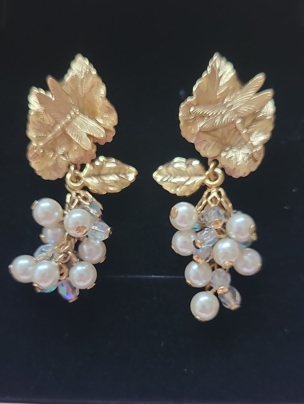Dragonfly Kirks Folly Gold Leaf Pearl Cluster Drop Earrings